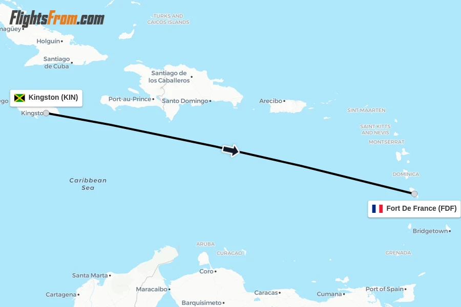 Flights from Kingston to Fort De France route map