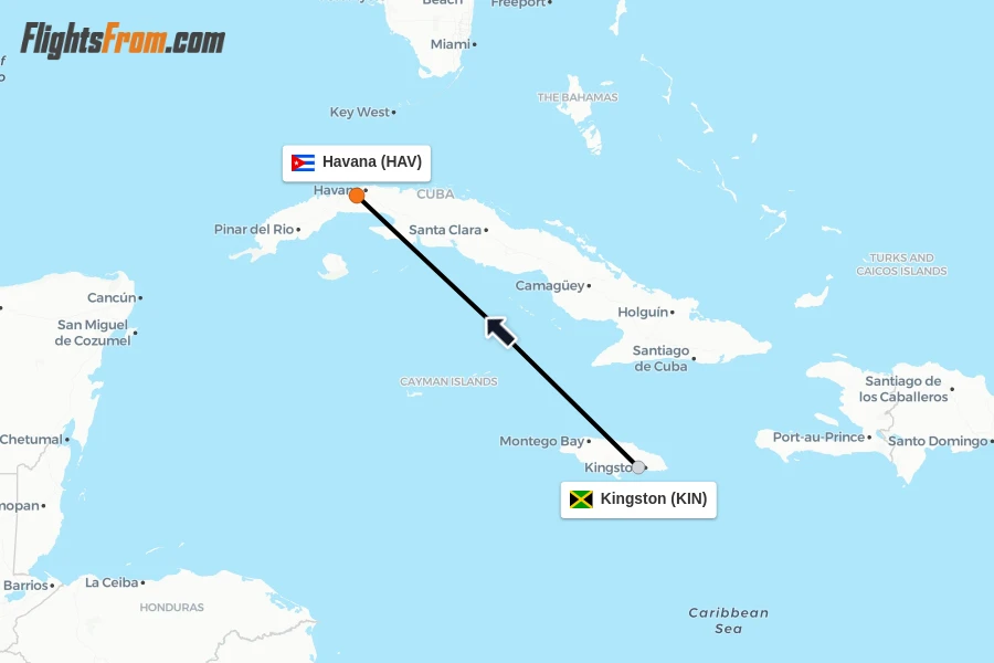 Flights from Kingston to Havana route map