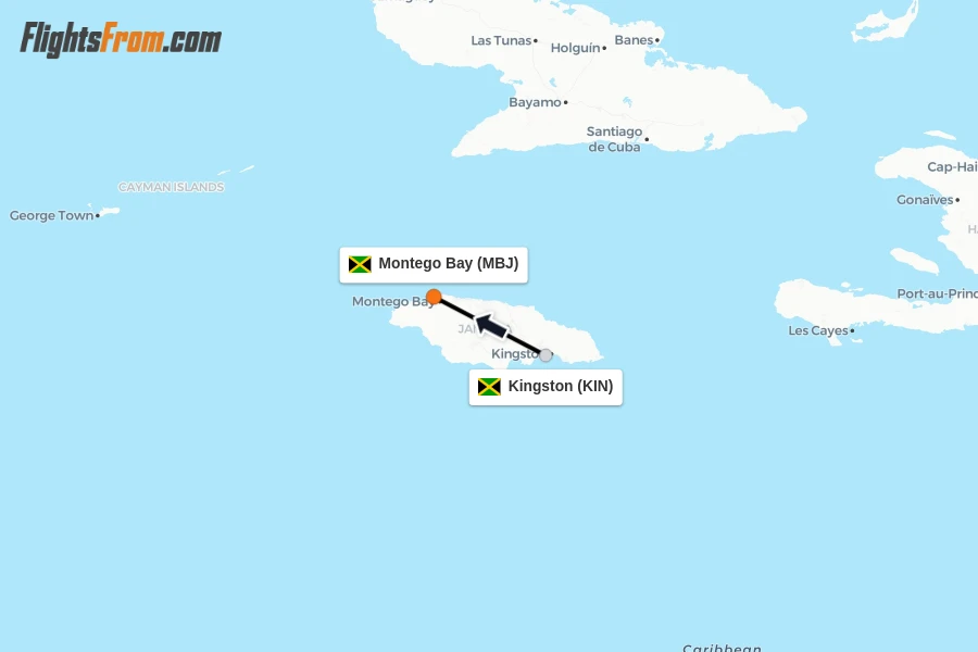 Flights from Kingston to Montego Bay route map