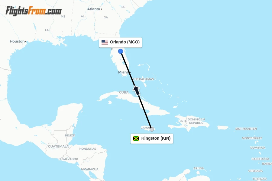 Flights from Kingston to Orlando route map