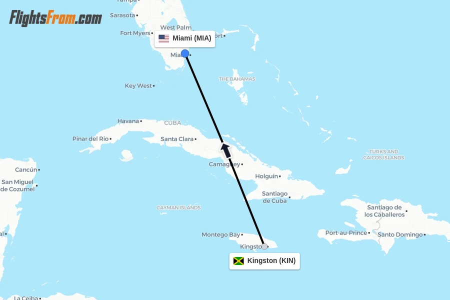 Flights from Kingston to Miami route map
