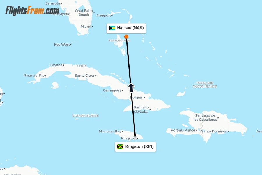 Flights from Kingston to Nassau route map