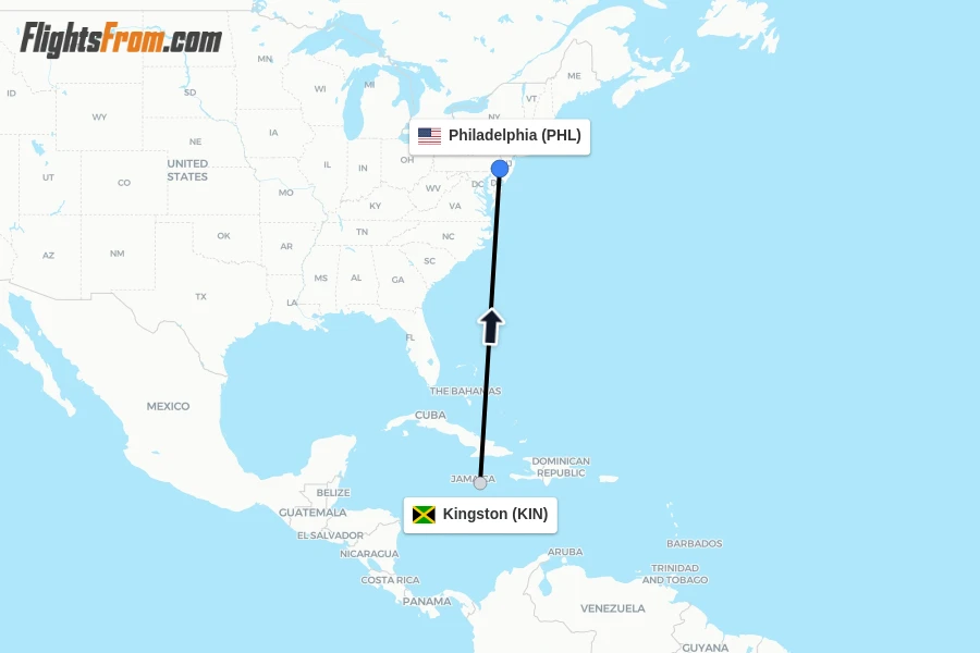 Flights from Kingston to Philadelphia route map