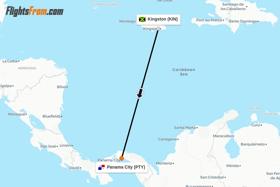 Flights from Kingston to Panama City route map