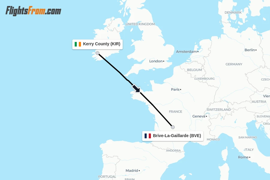 Flights from Kerry County to Brive-La-Gaillarde route map