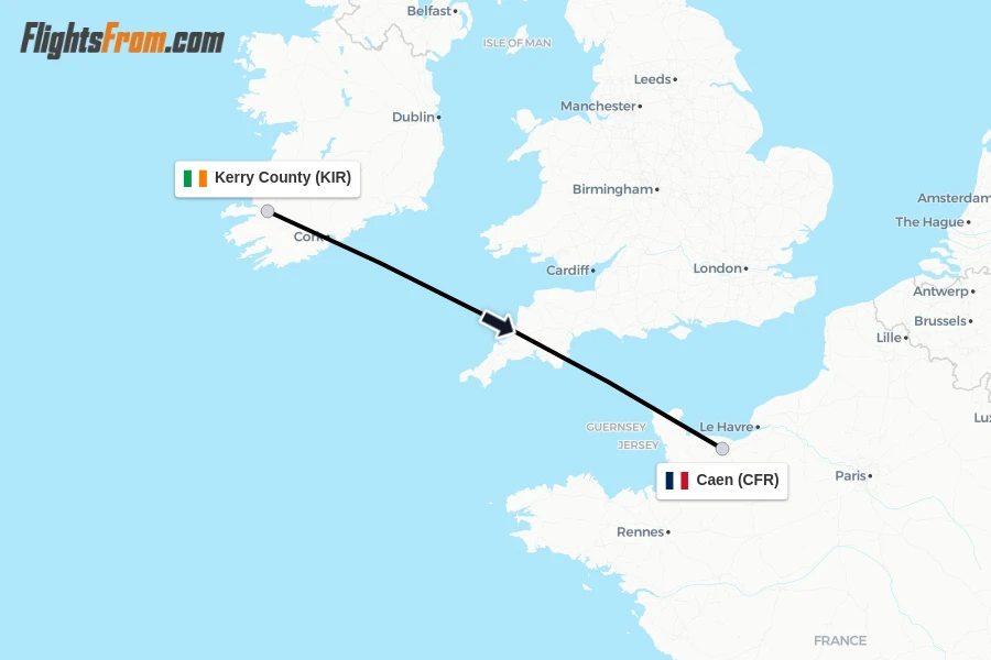 Flights from Kerry County to Caen route map