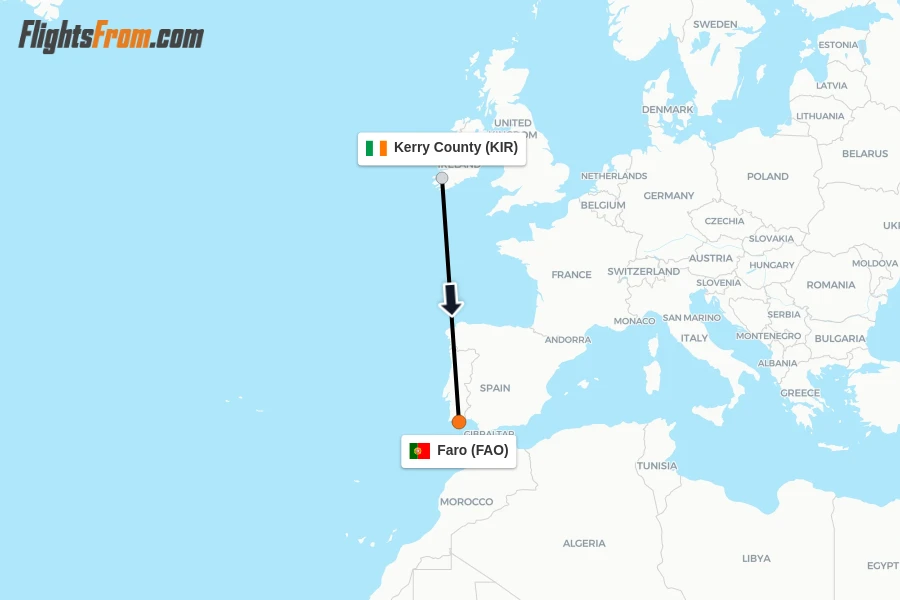 Flights from Kerry County to Faro route map
