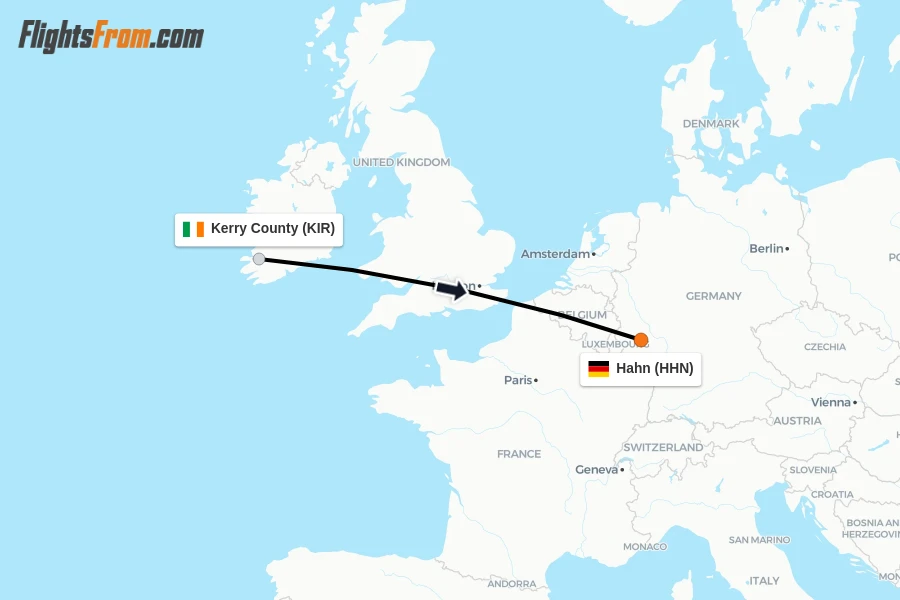 Flights from Kerry County to Hahn route map