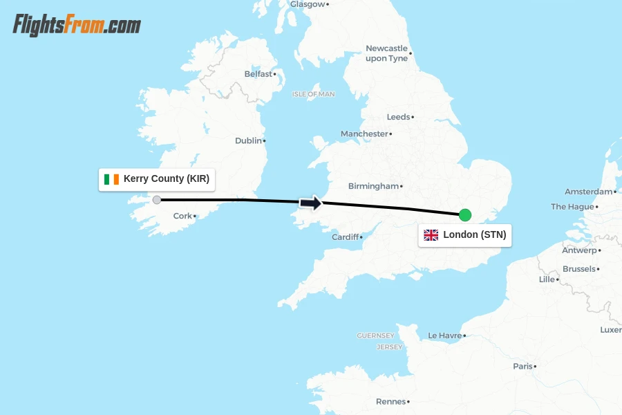 Flights from Kerry County to London route map