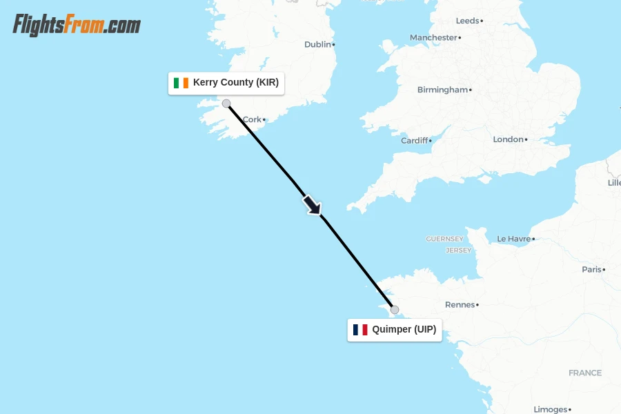 Flights from Kerry County to Quimper route map