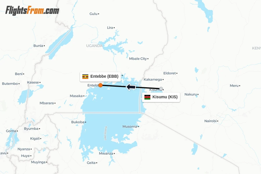 Flights from Kisumu to Entebbe route map