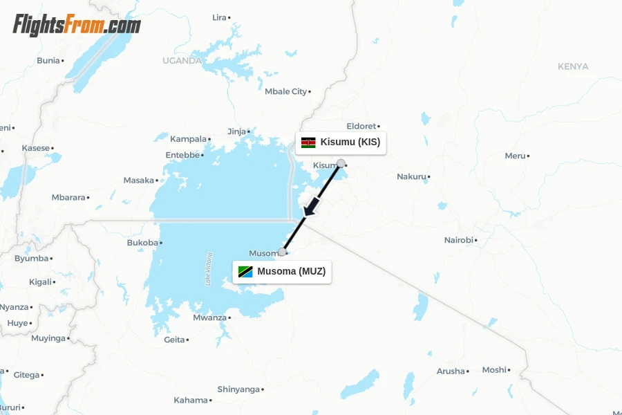 Flights from Kisumu to Musoma route map
