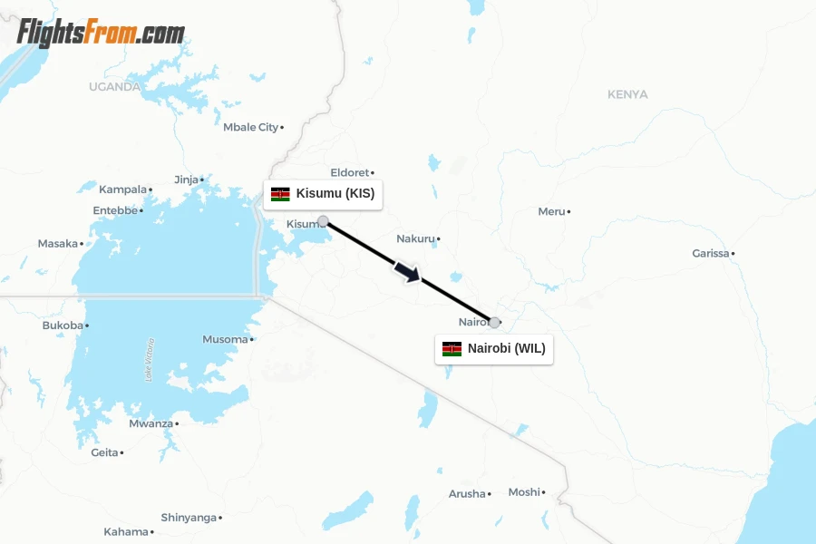 Flights from Kisumu to Nairobi route map