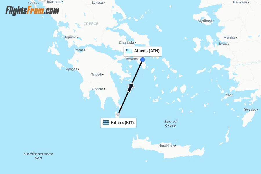 Flights from Kithira to Athens route map