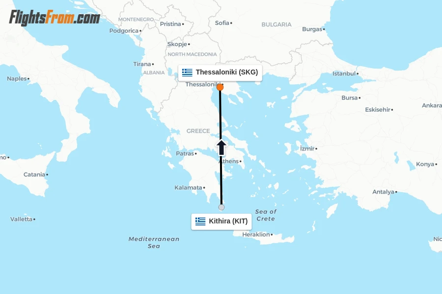 Flights from Kithira to Thessaloniki route map