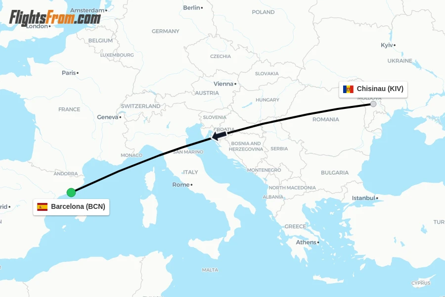 Flights from Chisinau to Barcelona route map