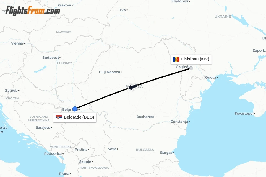 Flights from Chisinau to Belgrade route map