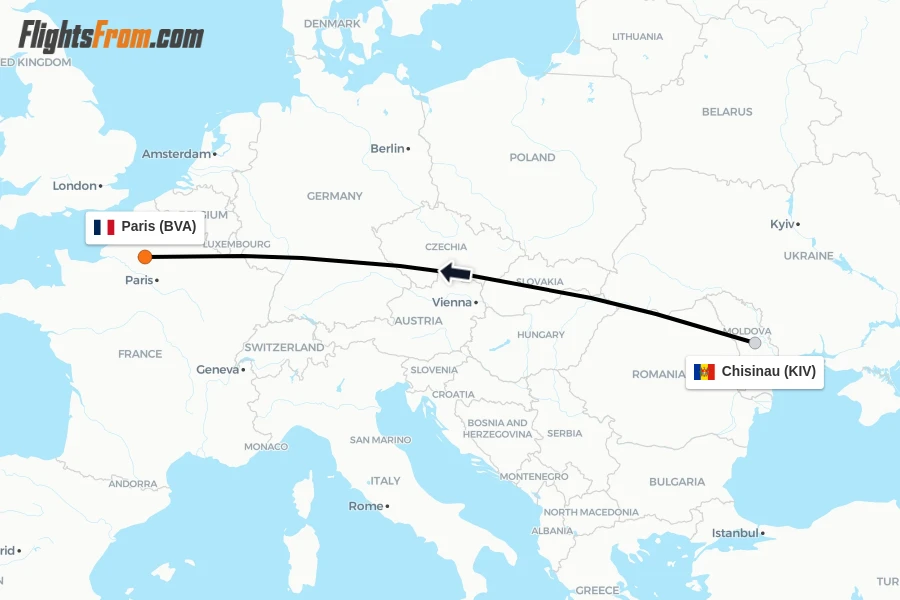 Flights from Chisinau to Paris route map
