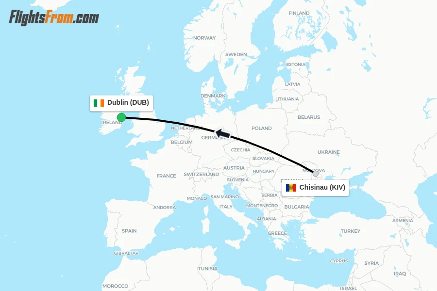 Flights from Chisinau to Dublin route map