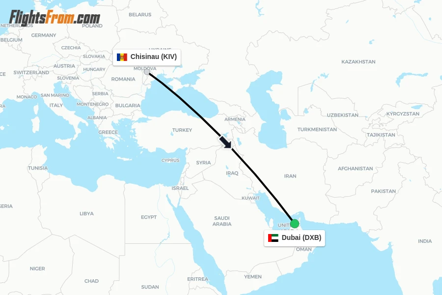 Flights from Chisinau to Dubai route map
