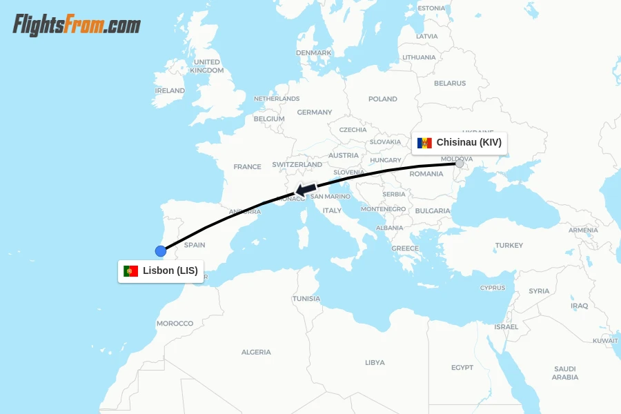 Flights from Chisinau to Lisbon route map