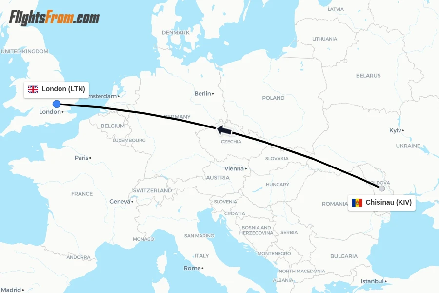 Flights from Chisinau to London route map