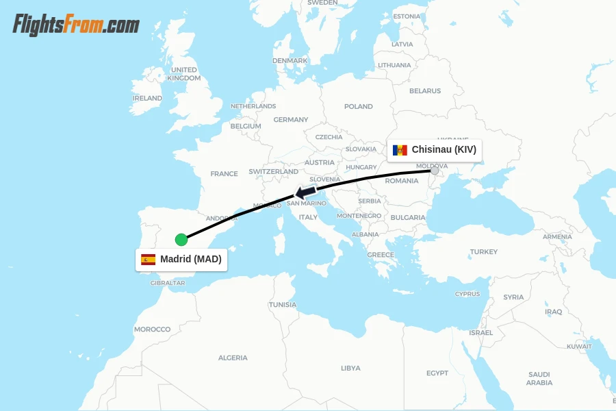 Flights from Chisinau to Madrid route map