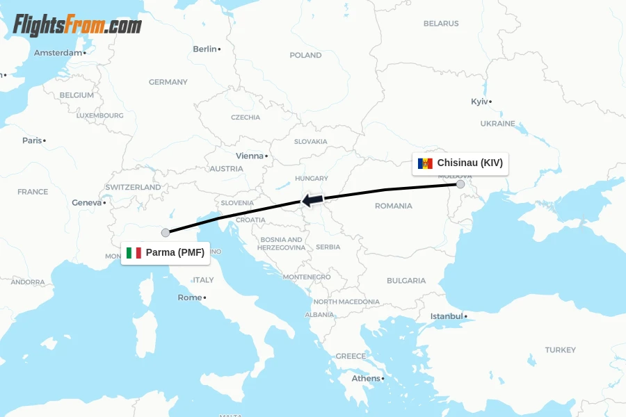 Flights from Chisinau to Parma route map
