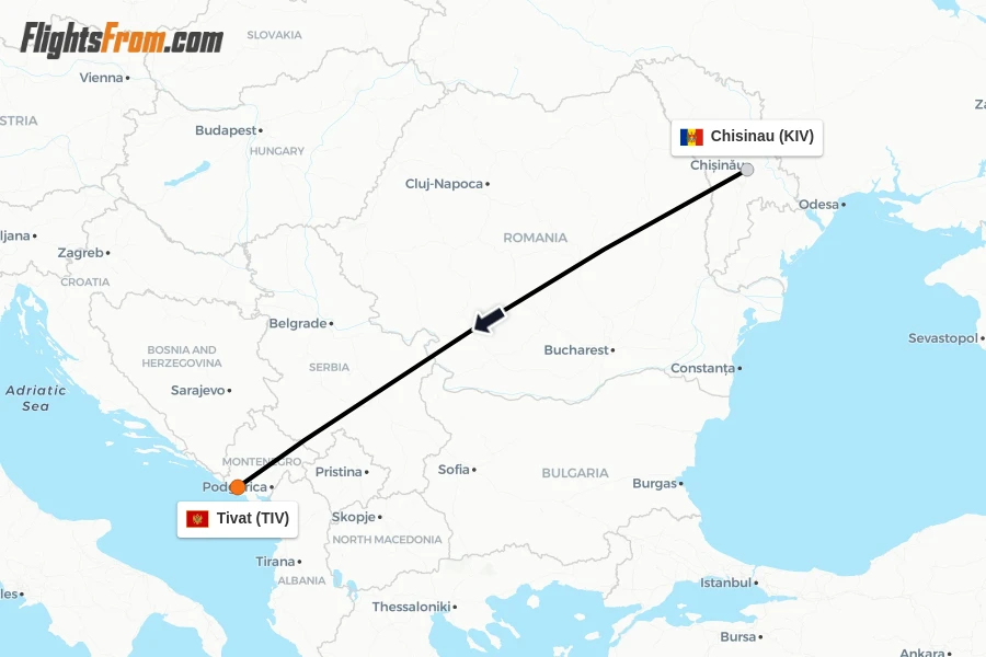 Flights from Chisinau to Tivat route map