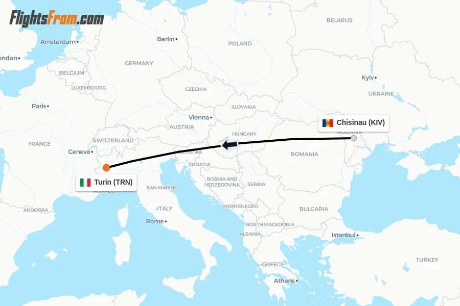 Flights from Chisinau to Turin route map