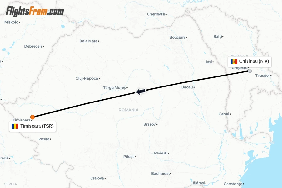 Flights from Chisinau to Timisoara route map