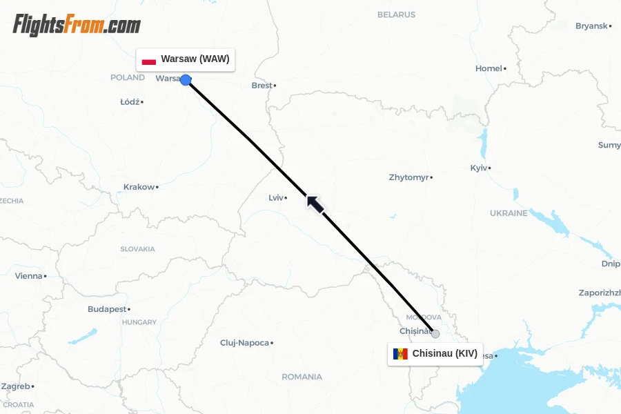 Flights from Chisinau to Warsaw route map