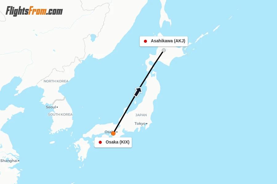 Flights from Osaka to Asahikawa route map