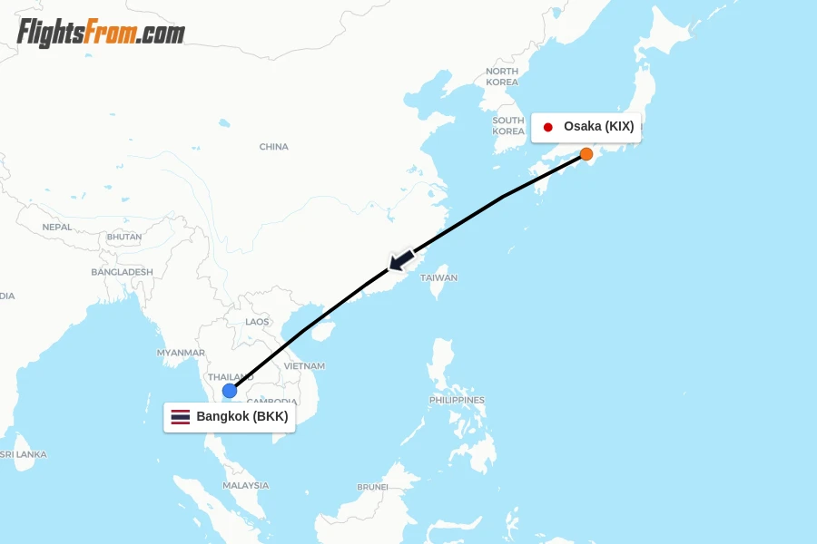 Flights from Osaka to Bangkok route map