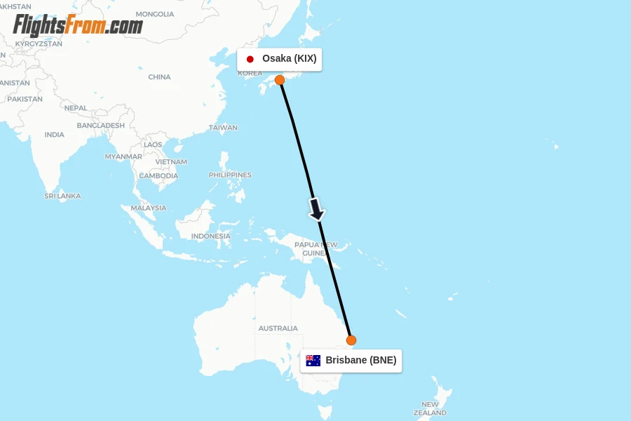 Flights from Osaka to Brisbane route map