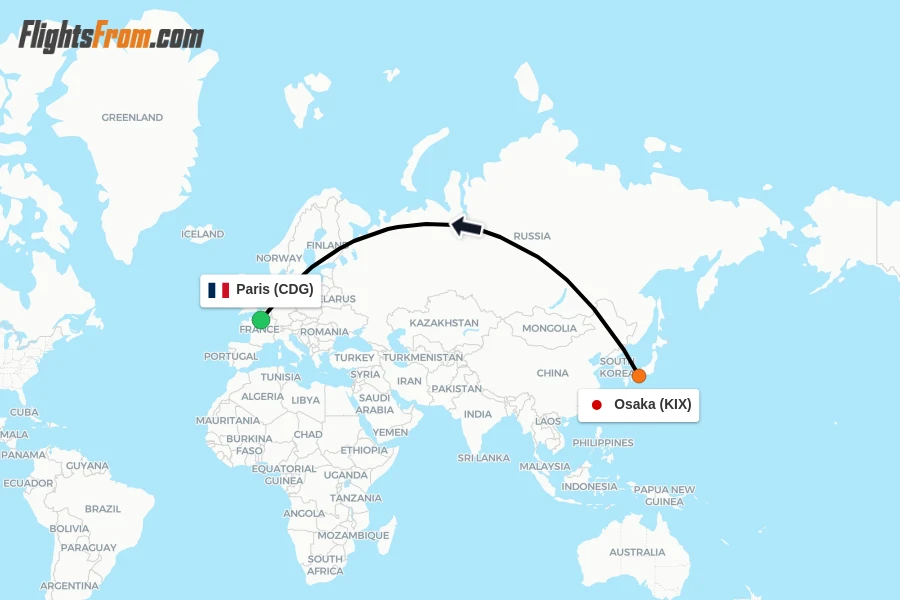 Flights from Osaka to Paris route map