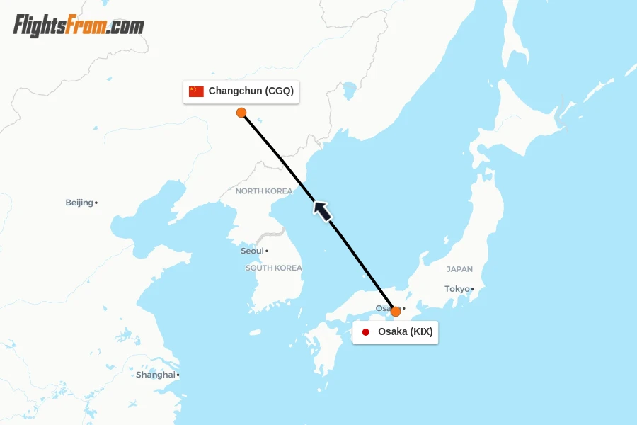 Flights from Osaka to Changchun route map
