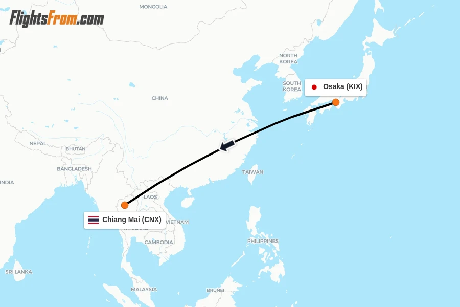 Flights from Osaka to Chiang Mai route map