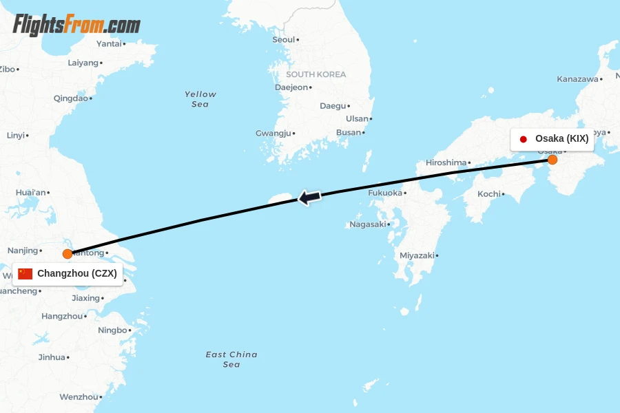 Flights from Osaka to Changzhou route map