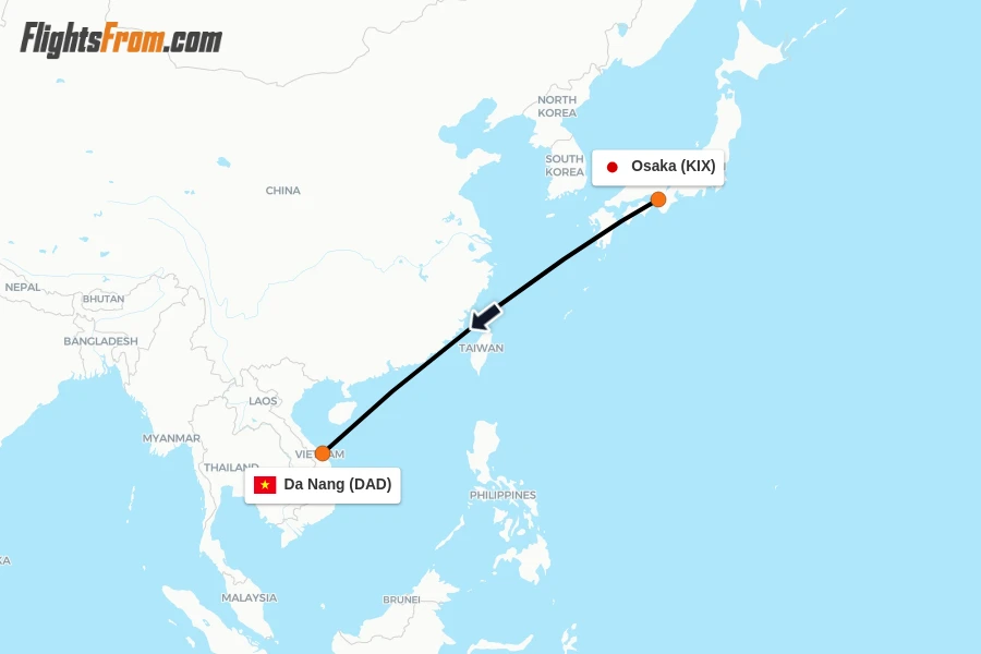 Flights from Osaka to Da Nang route map
