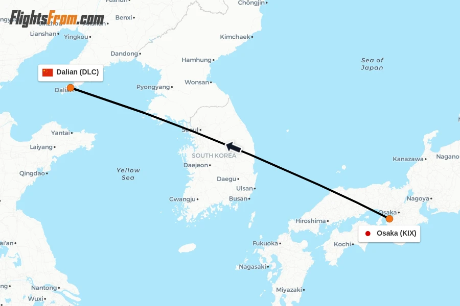 Flights from Osaka to Dalian route map