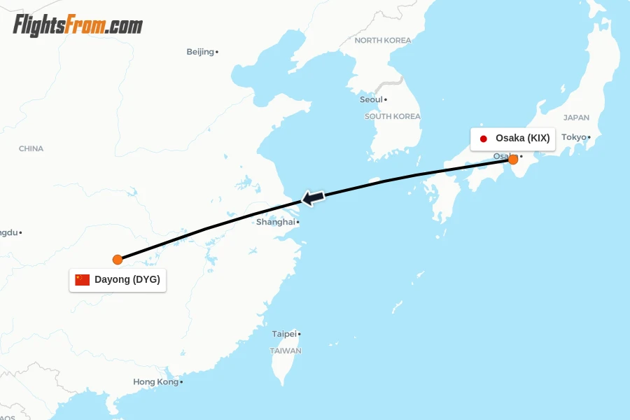 Flights from Osaka to Dayong route map