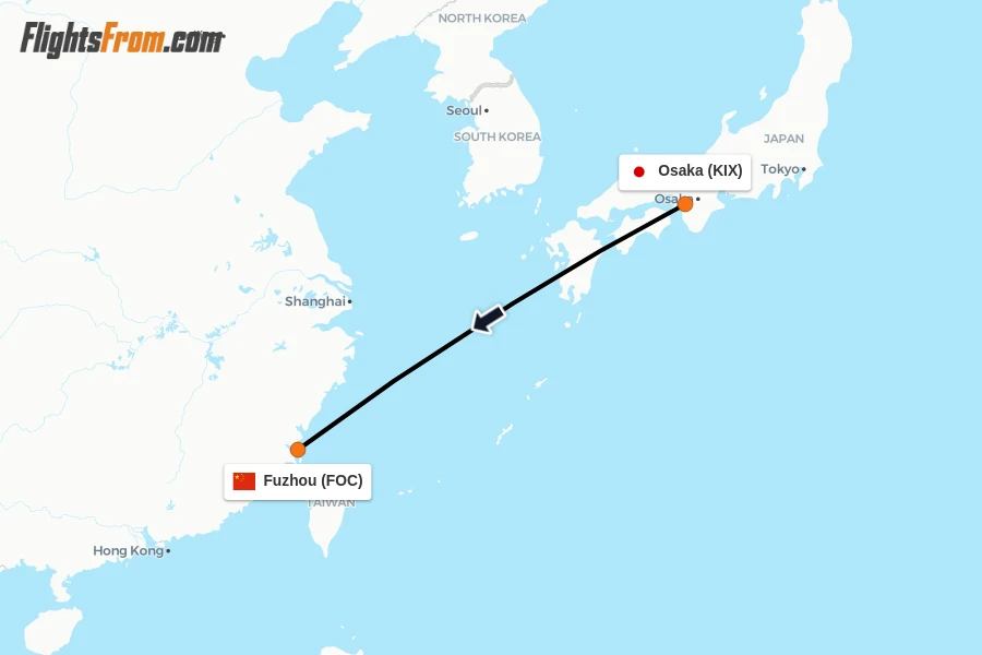 Flights from Osaka to Fuzhou route map