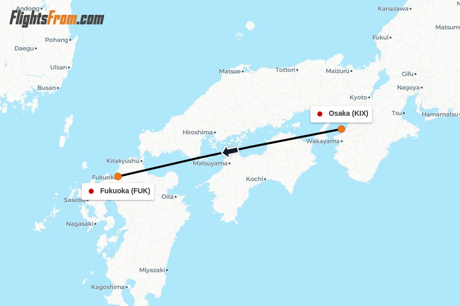 Flights from Osaka to Fukuoka route map