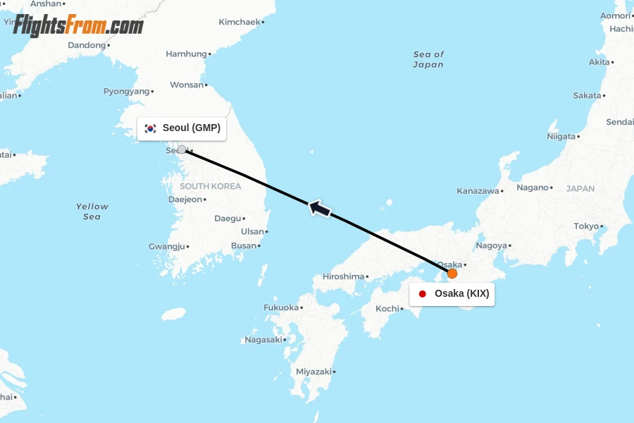 Flights from Osaka to Seoul route map