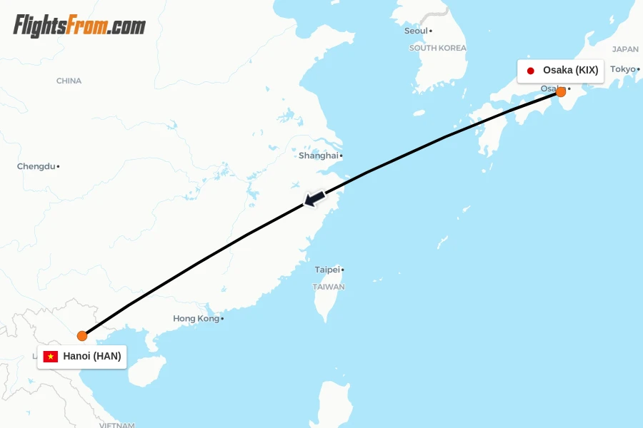 Flights from Osaka to Hanoi route map