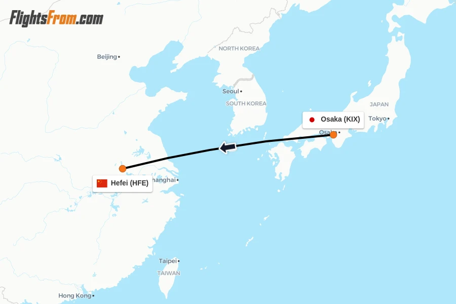 Flights from Osaka to Hefei route map