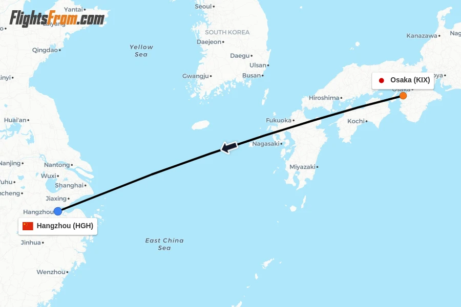 Flights from Osaka to Hangzhou route map