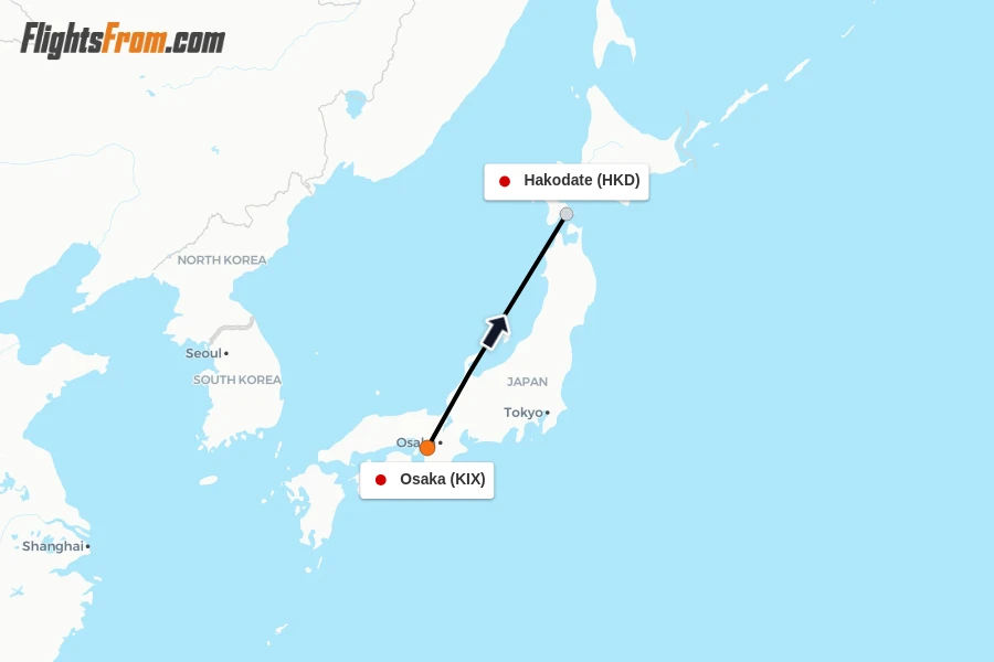 Flights from Osaka to Hakodate route map