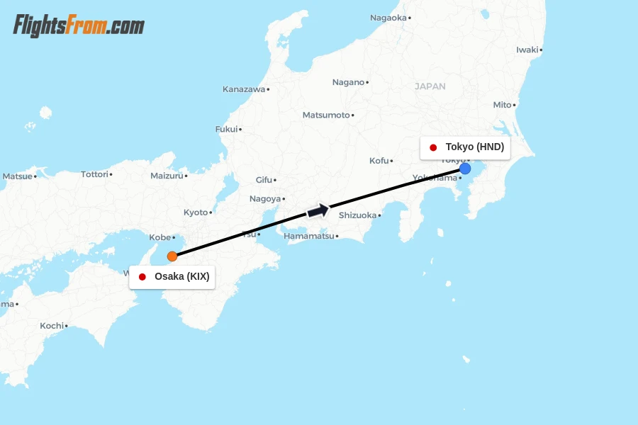 Flights from Osaka to Tokyo route map
